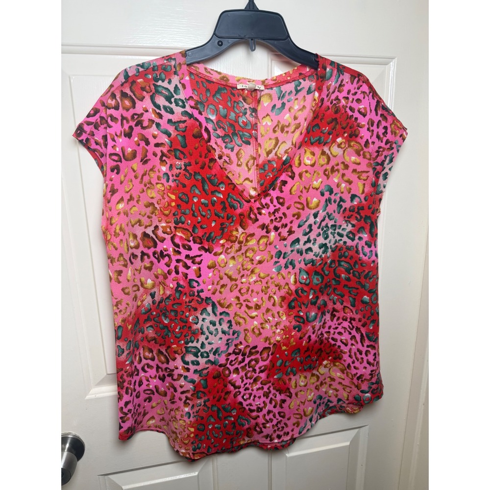 Jodifl Pink Red Leopard Print V-Neck Cap Sleeve Blouse Top